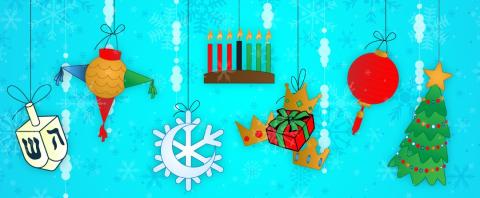 Illustration of objects denoting various winter holidays including a dreidel, kinara, red lantern, and Christmas tree