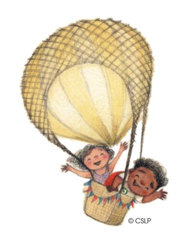 Illustration of 2 children in a hot air balloon