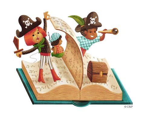 Illustration of 2 kids dressed as pirates sailing in a book ship