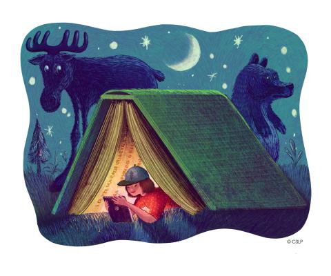 Illustration of kid camping in an open book with moose and bear outside at night