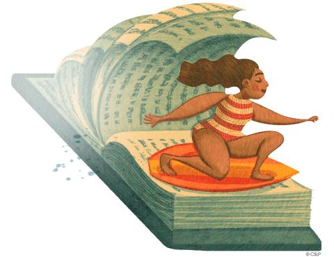 Illustration of kid on surfboard in book with crashing wave pages