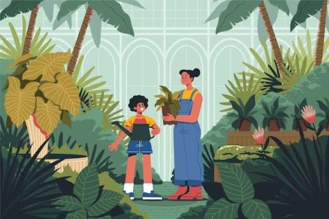 Illustration of kid and grownup in garden