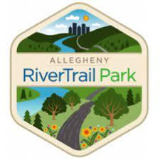 Allegheny RiverTrail Park logo, a hexagon with illustration of trees, grass, and river leading to city skyline