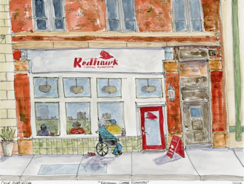 A watercolor sketch of Redhawk Coffee in Sharpsburg