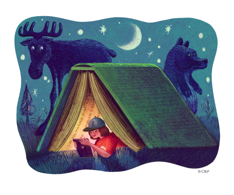 A child reads under a tent that is also a book at night, while a bear and moose look on in the background.