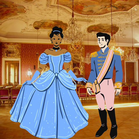 Clip art of a prince and princess in a castle