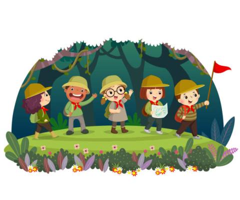 Illustration of diverse children wearing explorer outfits while hiking in the woods