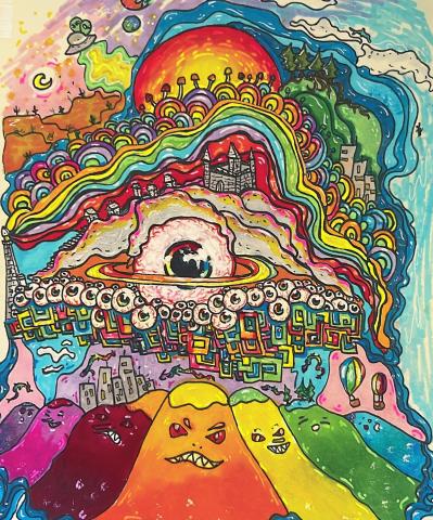 A colorful psychedelic art piece featuring rainbow colored mountains, mushrooms, a castle, aliens, and a melting eye