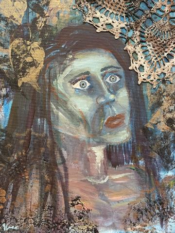 A haunting painting of a pale woman with a lost expression