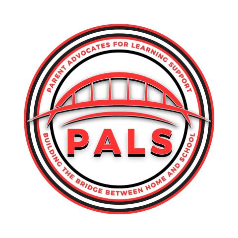 PALS logo: A red bridge with PALS centered underneath. Text around the top of the image reads "Parent advocates for learning support." Text around the bottom of the image reads "Building the bridge between home and school."