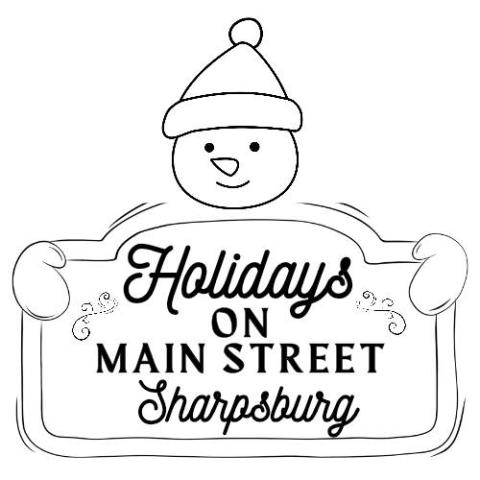 Drawing of snowman holding sign reading "Holidays on Main Street - Sharpsburg."