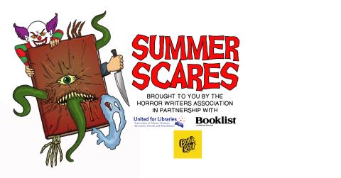 Summer Scares logo - a book with an eye and mouth in the center, tentacles, a skeleton hand, and a hand holding a knife coming out of its pages, a ghost at the bottom right, and an evil clown peeking over the book.