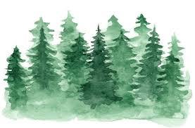 A watercolor painting of several evergreen trees.