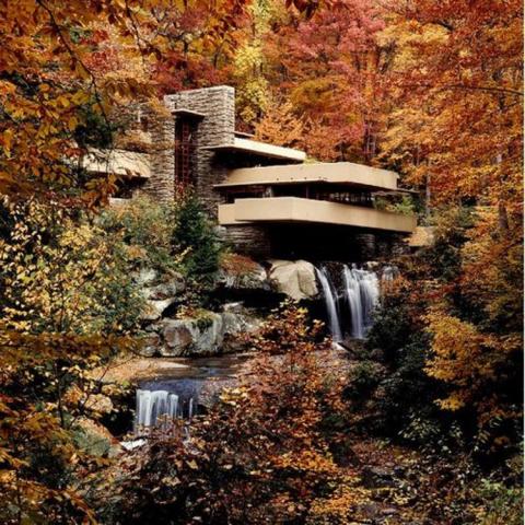 A photo of Falingwater, a house built on a waterfall. Architect: Frank Lloyd Wright