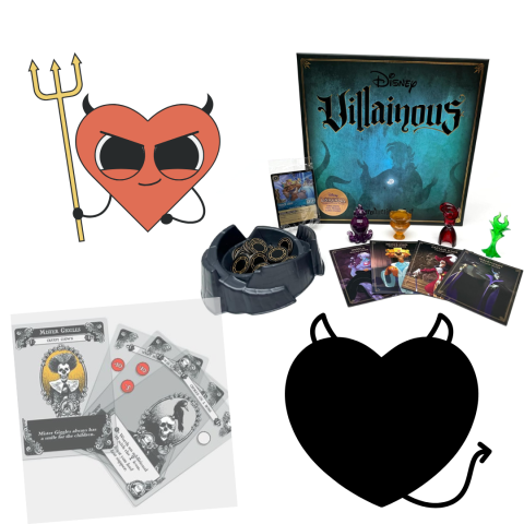 Photo of Gloom cards and Villainous game pieces with clip art of horned devil hearts