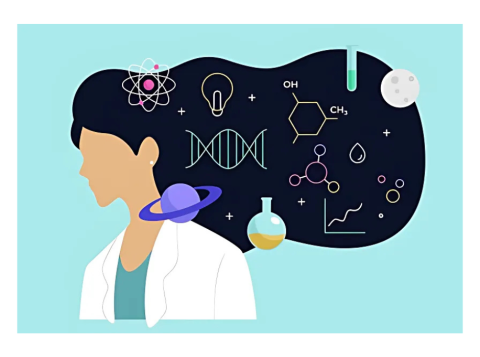 Scientist with long hair surrounded by science concepts such as chemical formulas