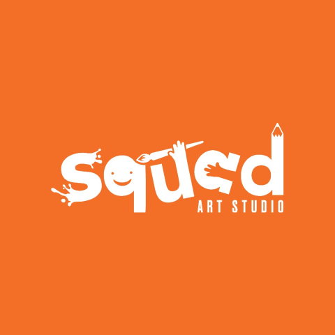 Orange square with text "Squad Art Studio" in a playful font