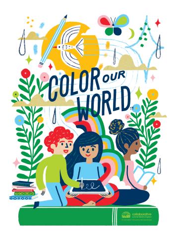Three children reading and coloring outside with text that reads, "Color Our World."