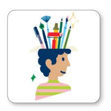 Illustration of paintbrushes, pencils, and more coming out of a person's open head