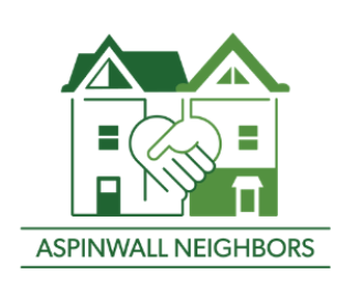 Aspinwall Neighbors logo: 2 green houses with shaking hands forming a heart