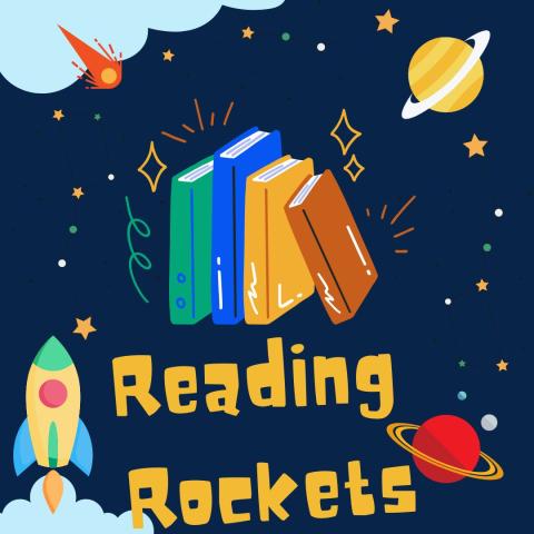 Space background with rocket and planets with colorful stack of books 