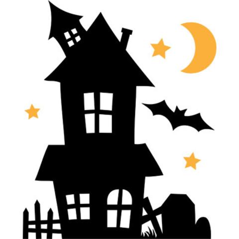 A silhouette of a haunted house and a bat and a crescent moon. 