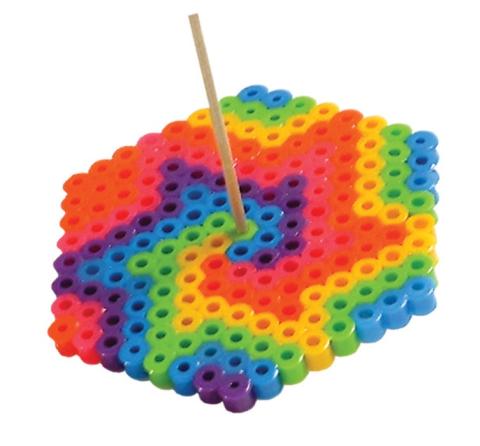 A rainbow spinner made of fused, plastic beads.