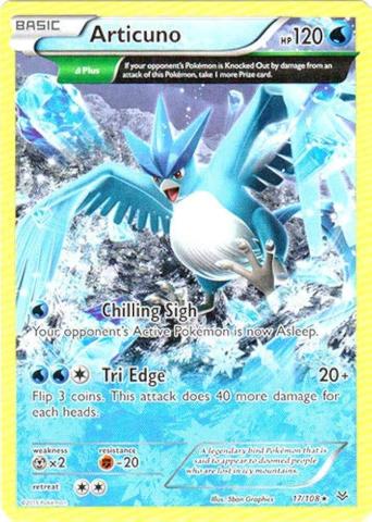 Photo of Articuno Pokemon card. Articuno is an ice blue bird.