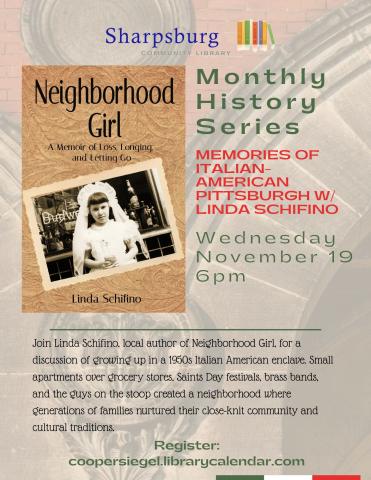 A flyer shows a picture of the cover of the book Neighborhood Girl by Linda Schifino