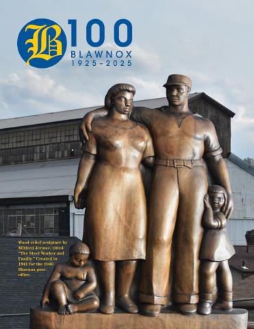 Cover of Centenial history book for Blawnox, featuring bronze statue of a man, a woman, and two children