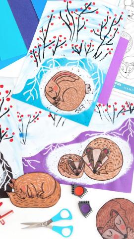 Children's paintings of hibernating winter animals.