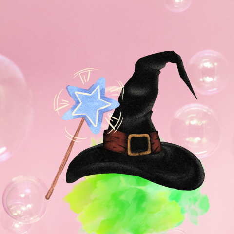 Background of pink bubbles with clip art magic wand and witch's hat, green smoke coming out of hat