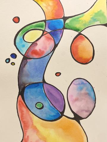 A black line drawing with watercolor painting. It is nonrepresentational, just curved lines and an assortment of colors.