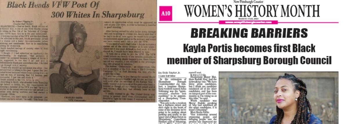 Newspaper clippings featuring Charles Smith, Black VFW leader, and Kayla Portis, Black council person.