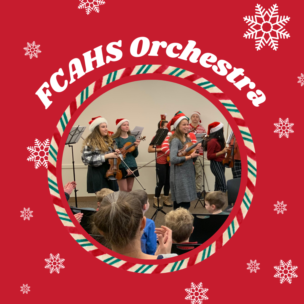 Students wearing festive hats prepare for an orchestra concert.