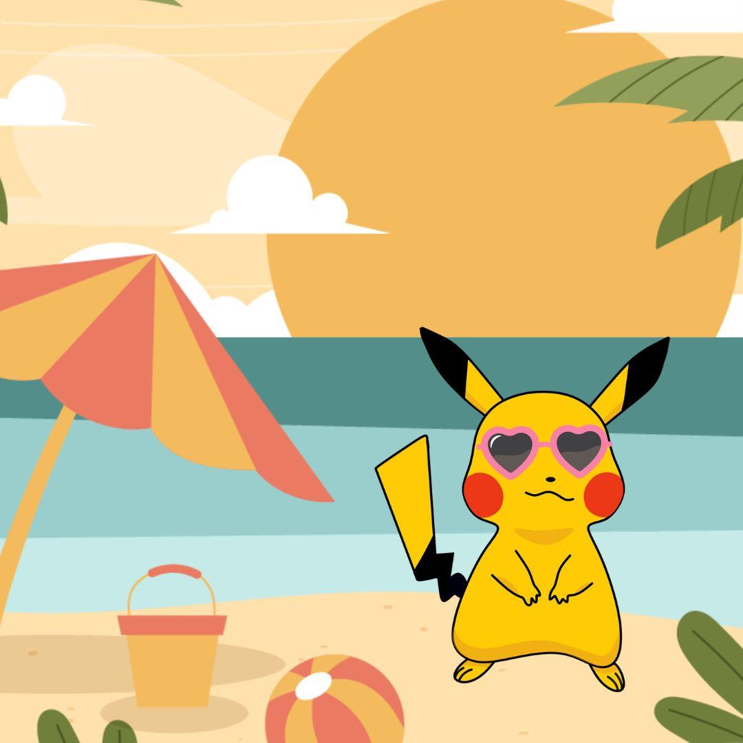 Pikachu with pink sunglasses in standing on a beach with water in the background.