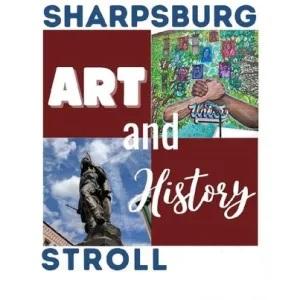 4 square image collage with Unite mural on top right and Guyasuta statue on bottom left. Text reading Art is on top left and text reading History is on bottom right. Above image is text reading Sharpsburg; below image is text reading Stroll.