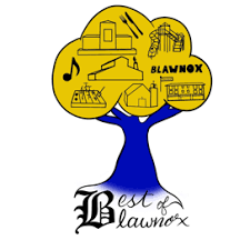 Best of Blawnox logo: a blue tree with yellow canopy depicting locations in Blawnox. Old English script of organization name at bottom.