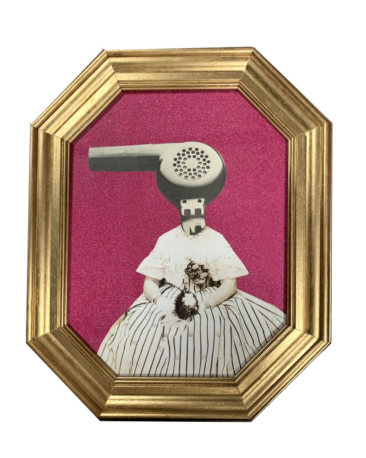 Woman in Victorian dress with hair dryer for head (collage)