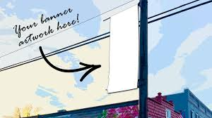 Image of blank banner hanging on street lamp with arrow saying "Your banner artwork here."