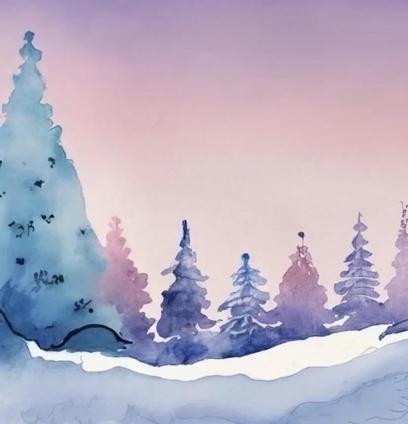 A watercolor winter landscape.