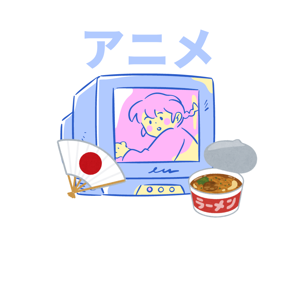 Clip art of a TV with anime character, Japanese fan, and bowl of ramen with anime written in katakana above