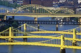 a color photograph of the 3 sister bridges in Pittsburgh, PA