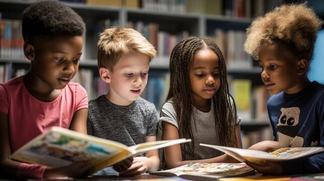 Photo of a diverse group of kids reading in a library