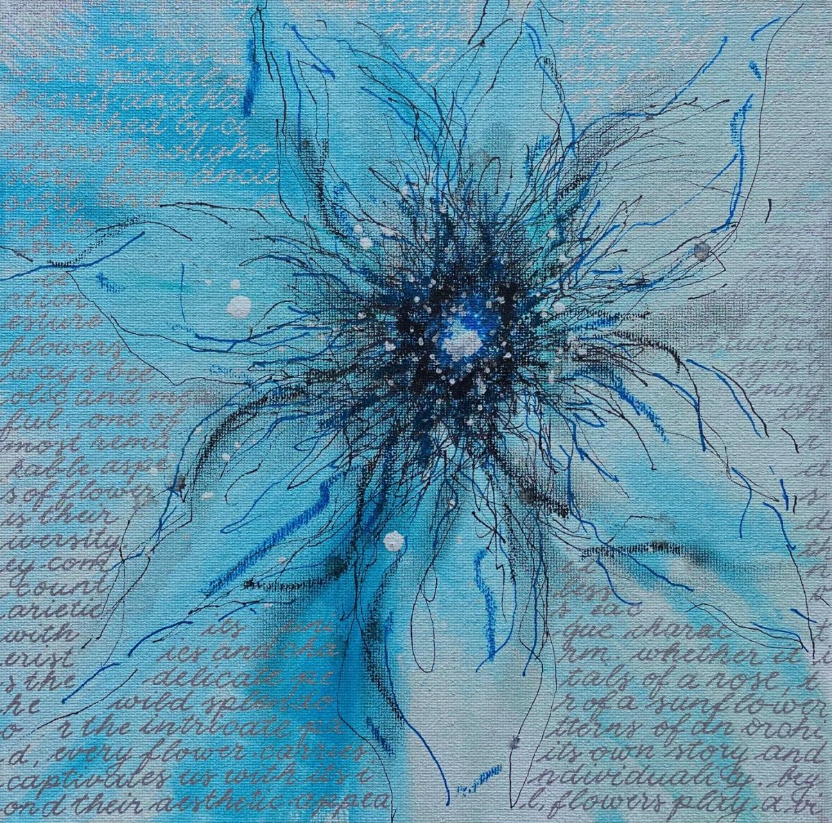 Blue floral painting with text