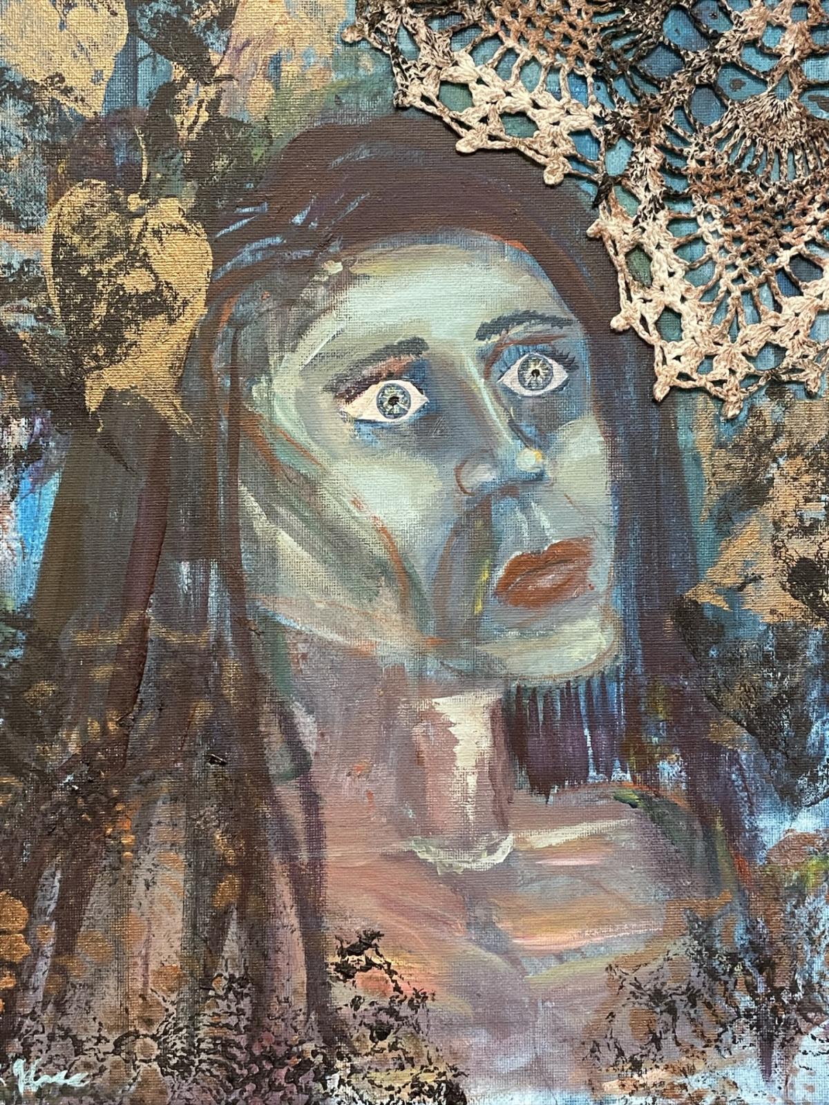 A haunting painting of a pale woman with a lost expression