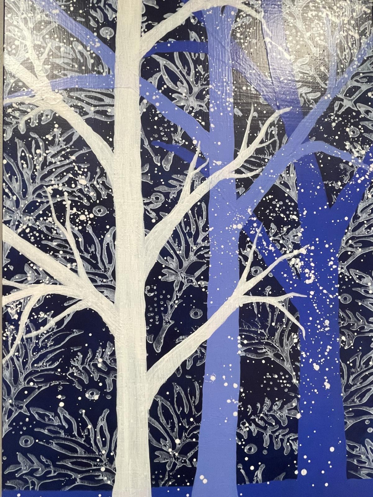 Acrylic painting of winter trees in blues and whites