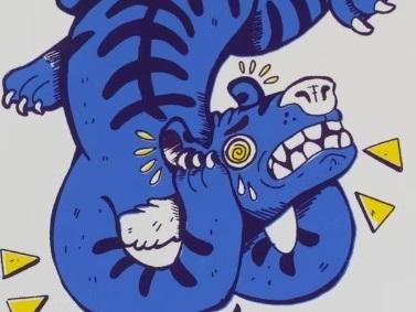 A screenprint of a neon blue tiger with paws over its ears