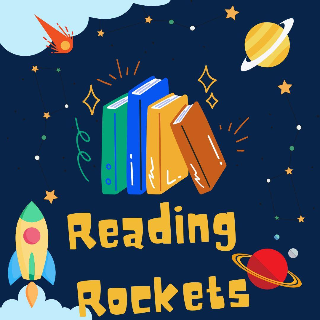 Space background with rocket and planets with colorful stack of books 