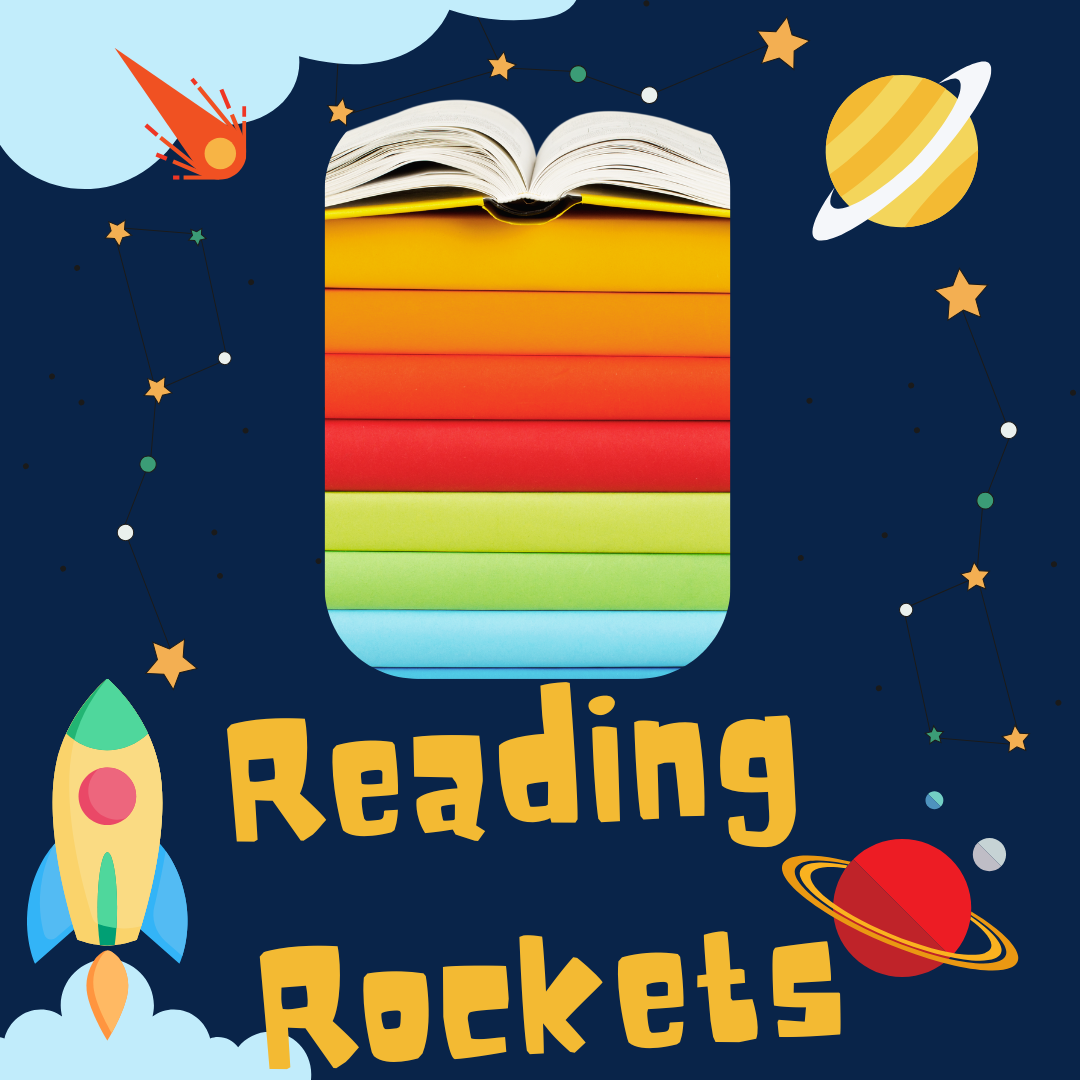 Rainbow stack of books with a space background